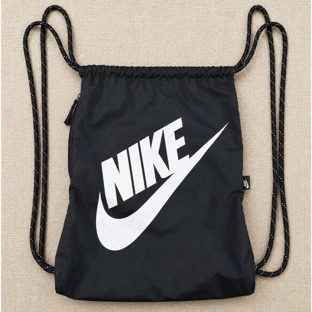 Nike Heritage Drawstring Backpack Black White Swoosh Gym Sack DC4245-010